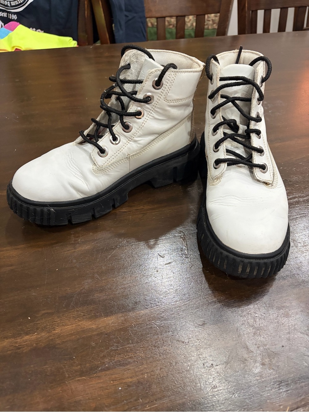 Timberland White Lace-Up Combat Boots with Black Platform Sole Lightweight